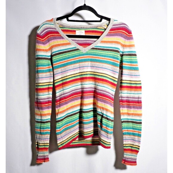 Y2K 90s Rainbow Stripe Wool Angora Blend Sweater Rory‎ Gilmore V Neck Sz S H&M * - Picture 1 of 6